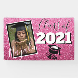 Monogram & Photo Graduation Pink Ombre Glitter Banner