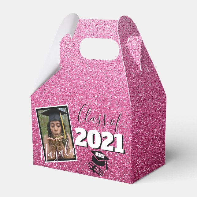 Monogram & Photo Graduation Pink Ombre Glitter Favor Boxes (Front Side)