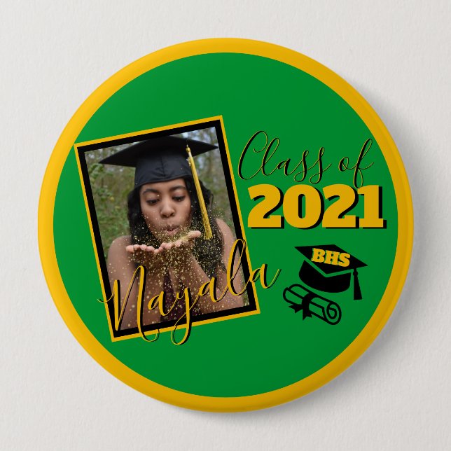 Monogram & Photo Green|Gold Graduation Button (Front)