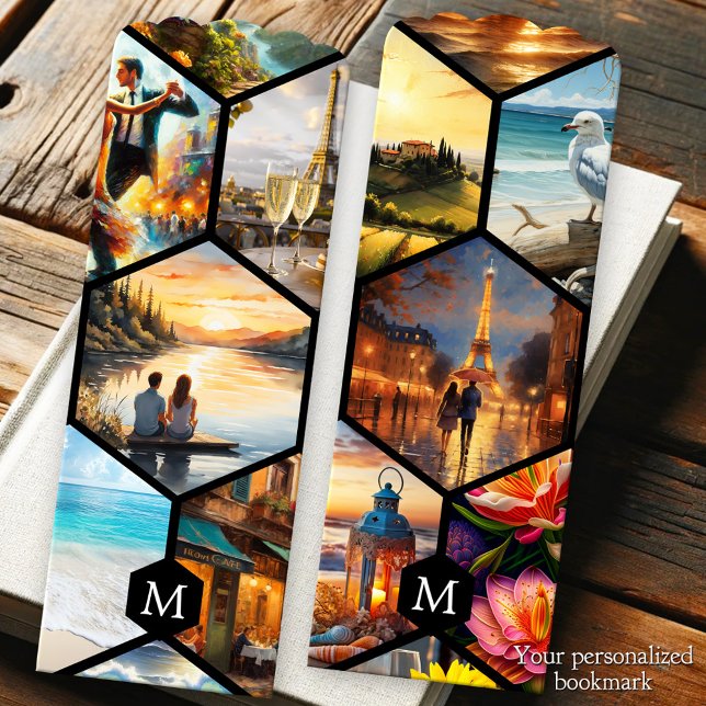 Monogram Photo Grid Travel Art  Bookmarks (Fun artistic bookmark featuring a colorful honeycomb photo grid with your custom monogram)