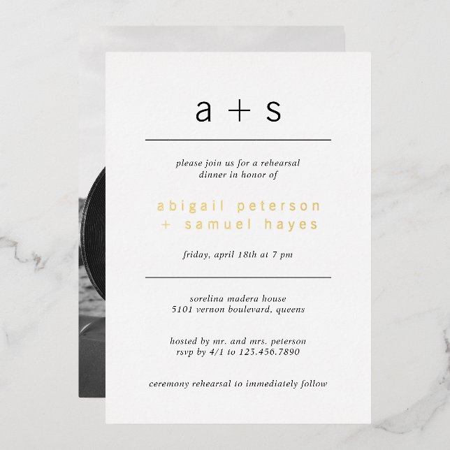 Monogram Photo Minimal Rehearsal Dinner Foil Invitation (Front/Back)