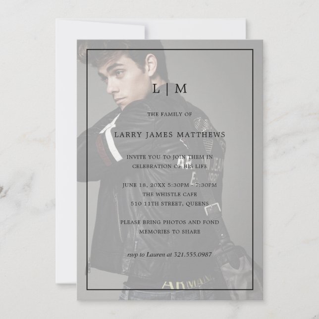 Monogram Photo Modern Celebration of Life Invitation (Front)