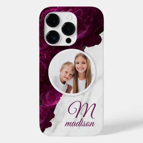 Monogram Photo Modern Floral Marble Custom Name Case_Mate iPhone 14 Pro Case