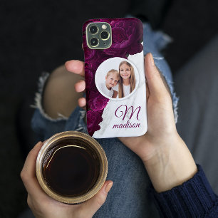 Monogram Photo Modern Floral Marble Custom Name Case-Mate iPhone 14 Plus Case