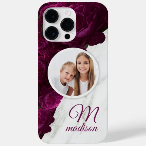Monogram Photo Modern Floral Marble Custom Name Case_Mate iPhone 14 Pro Max Case