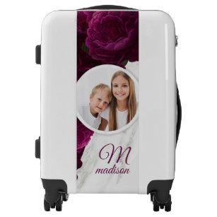 Monogram Photo Modern Floral Marble Custom Name Luggage
