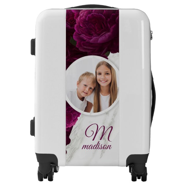Monogram Photo Modern Floral Marble Custom Name Luggage (Front)