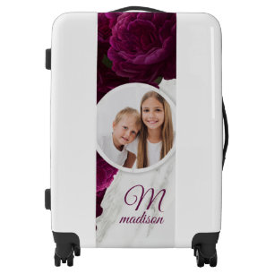 Monogram Photo Modern Floral Marble Custom Name Luggage