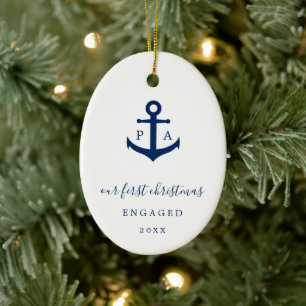 Monogram Photo Nautical First Christmas Engaged Ceramic Ornament