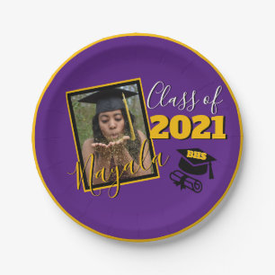 Monogram & Photo Purple Gold Graduation Paper Plates