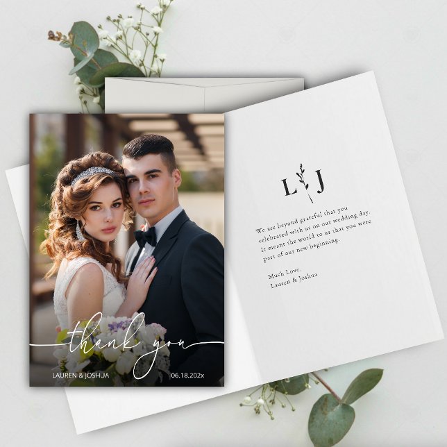 Monogram Photo Script Wedding Thank You Card (Creator Uploaded)