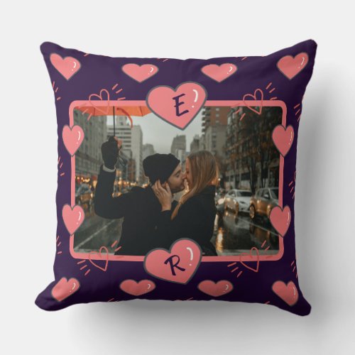 Monogram Photo Valentines Heart Purple Throw Pillow