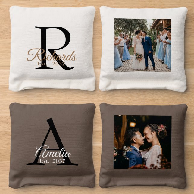 Monogram Photo Wedding Cornhole Bags (Wood)