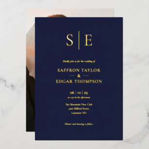Monogram Photo Wedding Navy Blue And Gold Foil Invitation