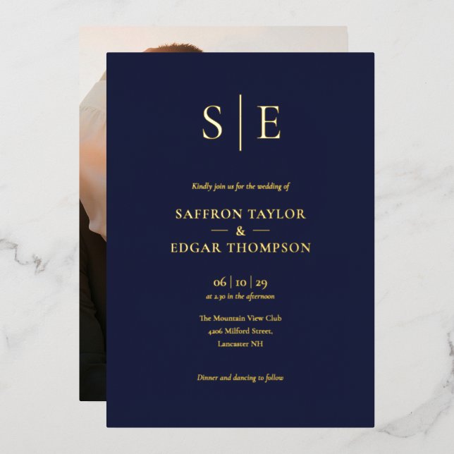 Monogram Photo Wedding Navy Blue And Gold Foil Invitation (Front/Back)