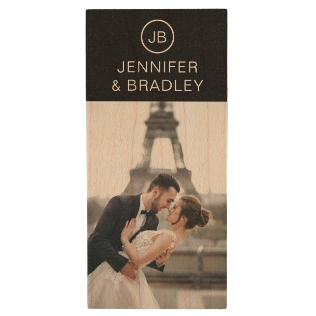 Monogram Photo Wedding Photo Personalized Name Wood Flash Drive (Front Vertical)