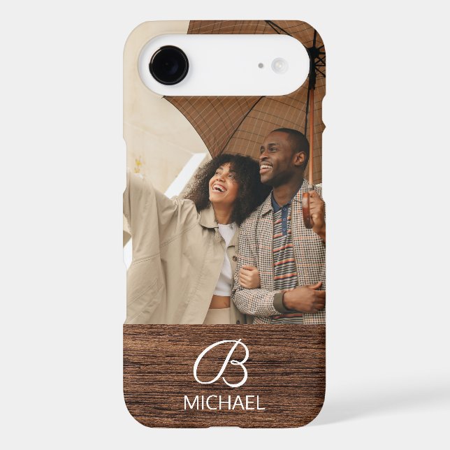 Monogram Photo Wood Grain Timber Personalized Name Case-Mate iPhone Case (Back)