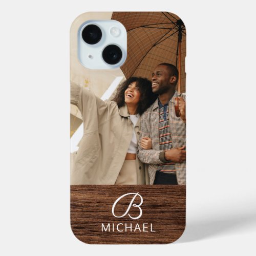 Monogram Photo Wood Grain Timber Personalized Name iPhone 15 Case