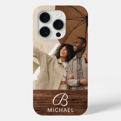 Monogram Photo Wood Grain Timber Personalized Name iPhone 15 Pro Case