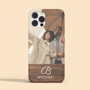 Monogram Photo Wood Grain Timber Personalized Name iPhone 15 Pro Max Case