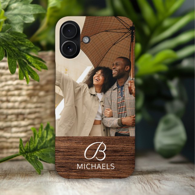 Monogram Photo Wood Grain Timber Personalized Name Case-Mate iPhone Case (Creator Uploaded)