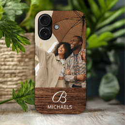 Monogram Photo Wood Grain Timber Personalized Name iPhone 16 Case