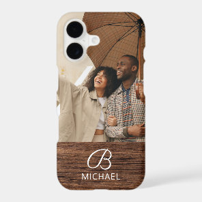 Monogram Photo Wood Grain Timber Personalized Name iPhone 17 Case