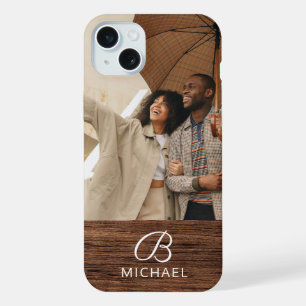 Monogram Photo Wood Grain Timber Personalized Name iPhone 15 Plus Case