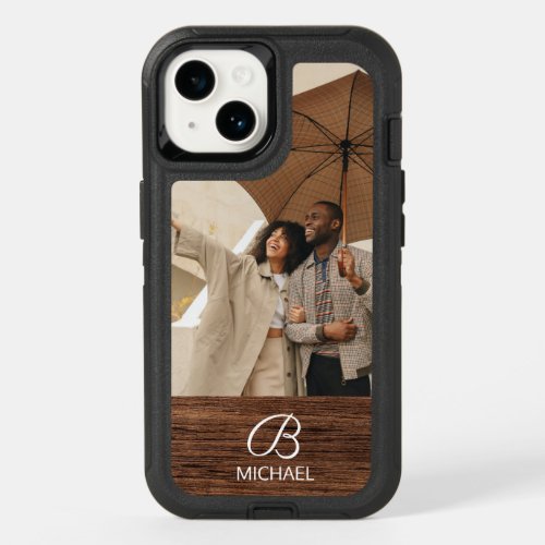 Monogram Photo Wood Grain Timber Personalized Name OtterBox iPhone 14 Case