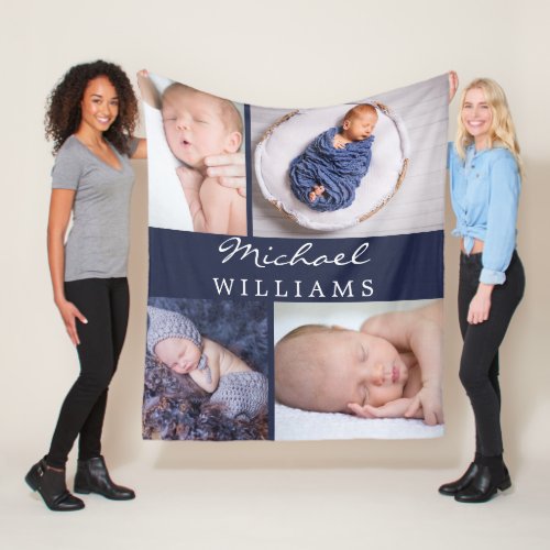 Monogram Photos Collage Navy Blue Newborn Baby Fleece Blanket