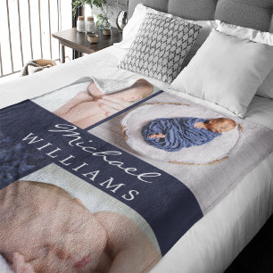 Monogram Photos Collage Navy Blue Newborn Baby Fleece Blanket