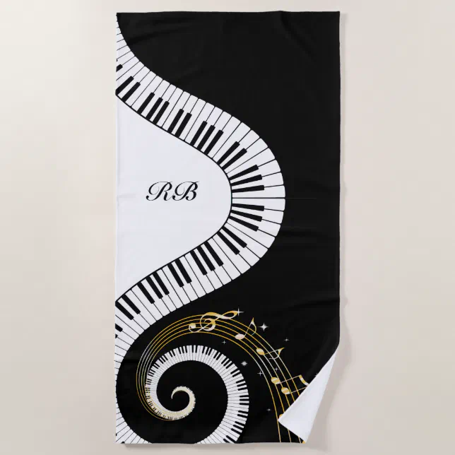 Monogram Piano Keys and Musical Notes Beach Towel | Zazzle
