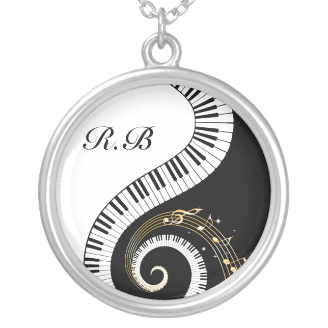 Monogram Piano Keys and  Musical Notes Silver Plated Necklace (Front)