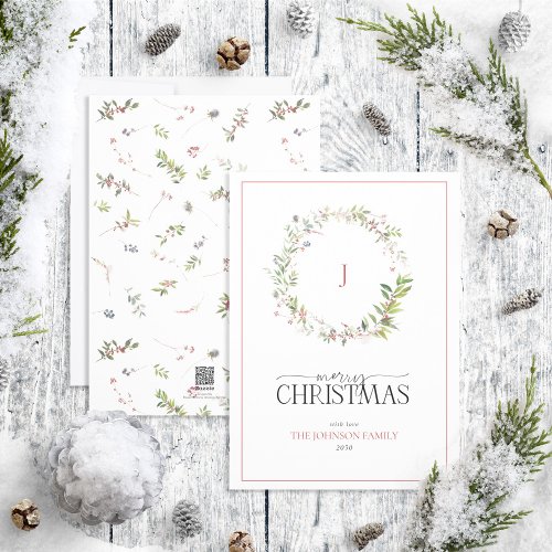 Monogram Pine Berry Wreath Merry Christmas Script  Holiday Card