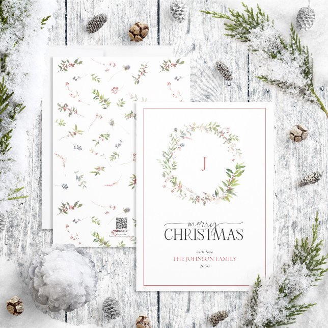 Monogram Pine Berry Wreath Merry Christmas Script  Holiday Card (Creator Uploaded)