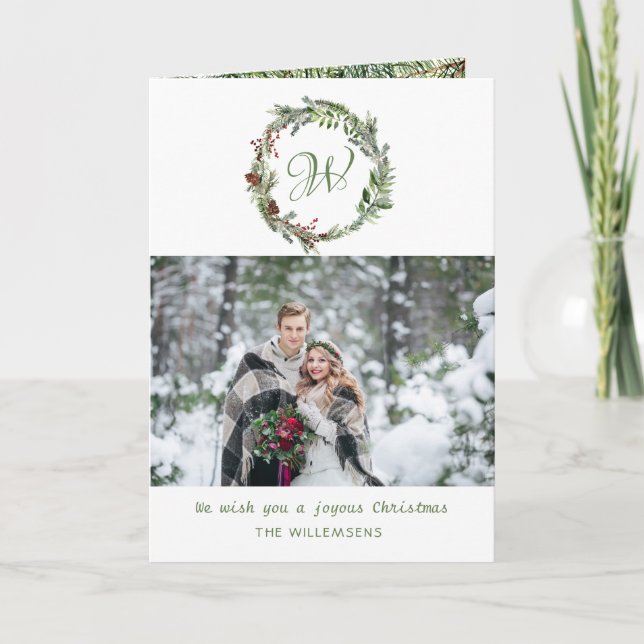 Monogram Pine Wreath Christmas Photo  Holiday Card (Front)