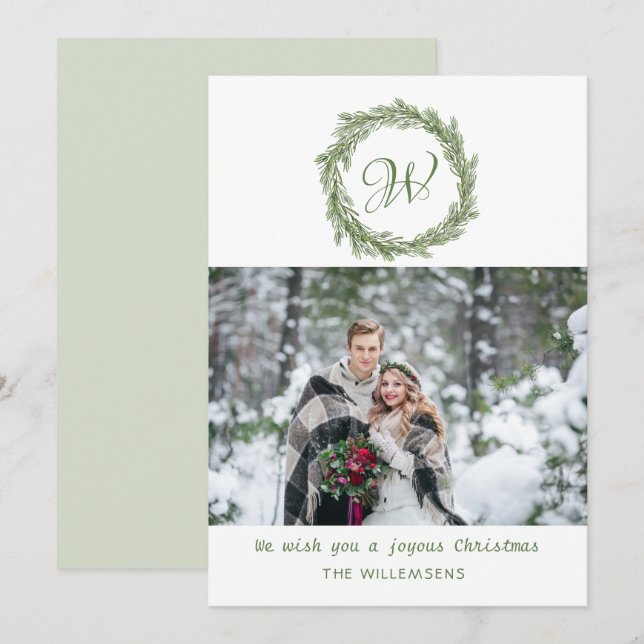 Monogram Pine Wreath Christmas Photo Holiday Card (Front/Back)