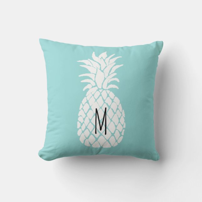 monogram pineapple on limpet shell pastel blue throw pillow (Front)