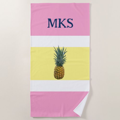 Monogram Pineapple Pink Yellow Striped Beach Towel