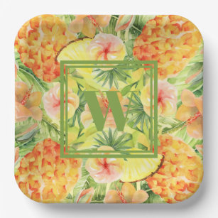 Monogram Pineapples Flowers Greenery Paper Plates