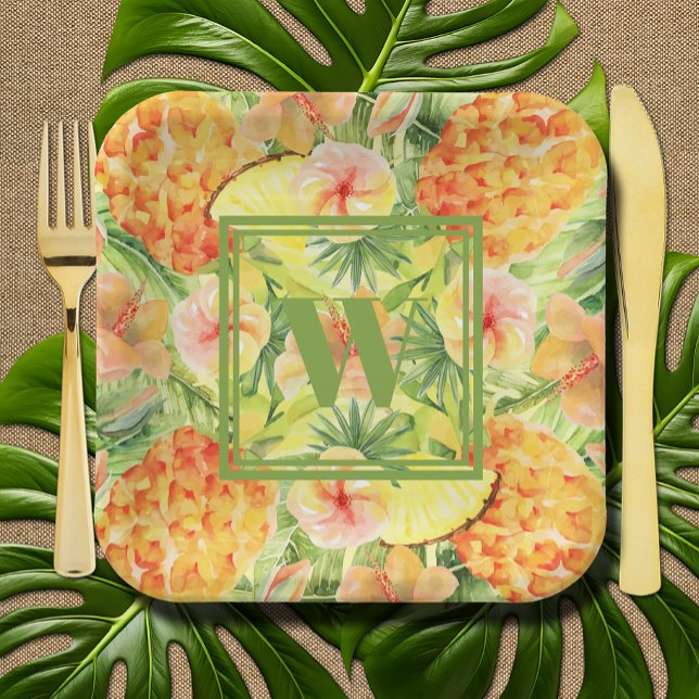 Monogram Pineapples Flowers Greenery Paper Plates (Monogram Pineapples Flowers Greenery Paper Plates)