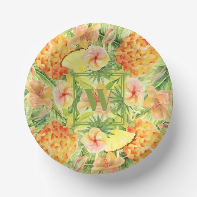 Monogram Pineapples Flowers Paper Bowls (Front)