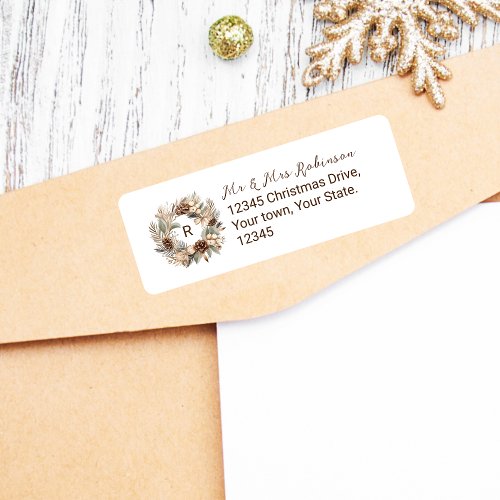 Monogram Pinecone  Sage Green Wreath Holiday Label