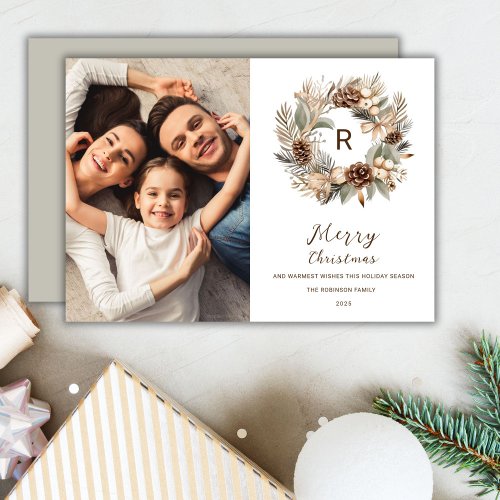 Monogram Pinecone Winter Wreath Christmas Photo Holiday Card