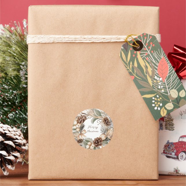 Monogram Pinecone Winter Wreath  Merry Christmas Classic Round Sticker (Holiday)