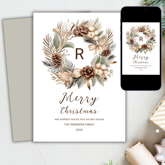 Monogram Pinecone Winter Wreath  Merry Christmas Holiday Card (Creator Uploaded)