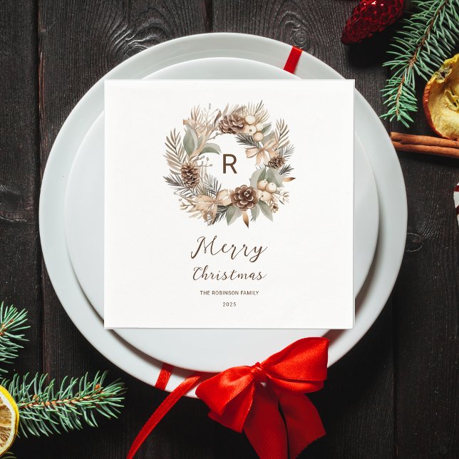 Monogram Pinecone Winter Wreath  Merry Christmas Napkins (Creator Uploaded)