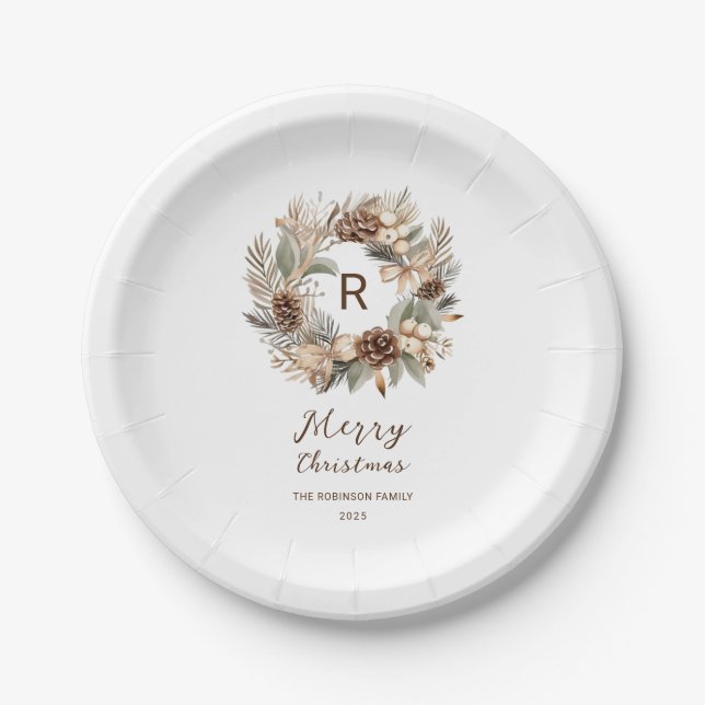 Monogram Pinecone Winter Wreath  Merry Christmas Paper Plates (Front)