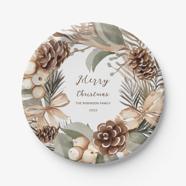 Monogram Pinecone Winter Wreath  Merry Christmas Paper Plates (Front)