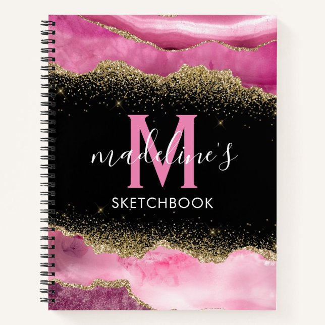 Monogram Pink Agate Crystal Gold Glitter Notebook (Front)